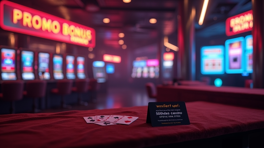 Lobby de cassino com banners de bônus e telas de slots iluminadas