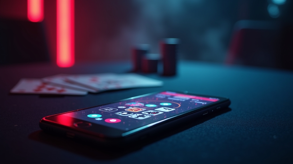 Celular com tela de instalação em ambiente de cassino escuro